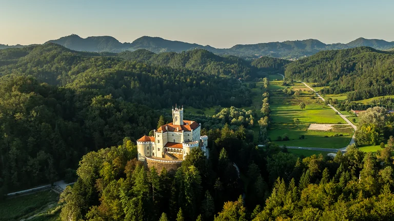 Castle with red roofs surrounded by dense forest and hills under a clear sky.