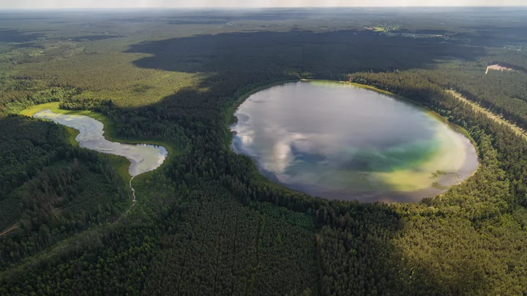 Aerial view of two lakes surrounded by dense green forest.