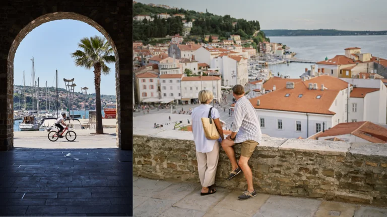 Left: Person rides a bike near a marina. Right: Couple overlooks a coastal town.