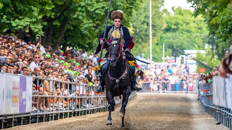 Person in traditional costume riding a horse in front of a large crowd at an outdoor event.