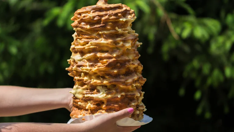 Hands holding a tall, layered cake outdoors with green foliage in the background.
