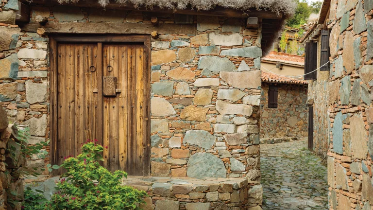Stone cottage with a wooden door and a small green bush in front.