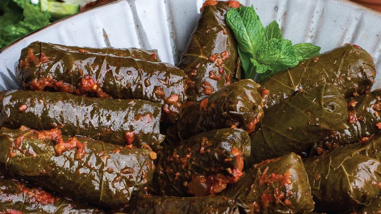 Stuffed grape leaves arranged on a plate with a sprig of parsley.
