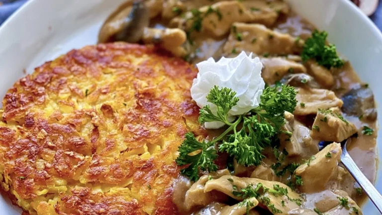 Rösti with creamy mushroom sauce, garnished with parsley and a dollop of cream.