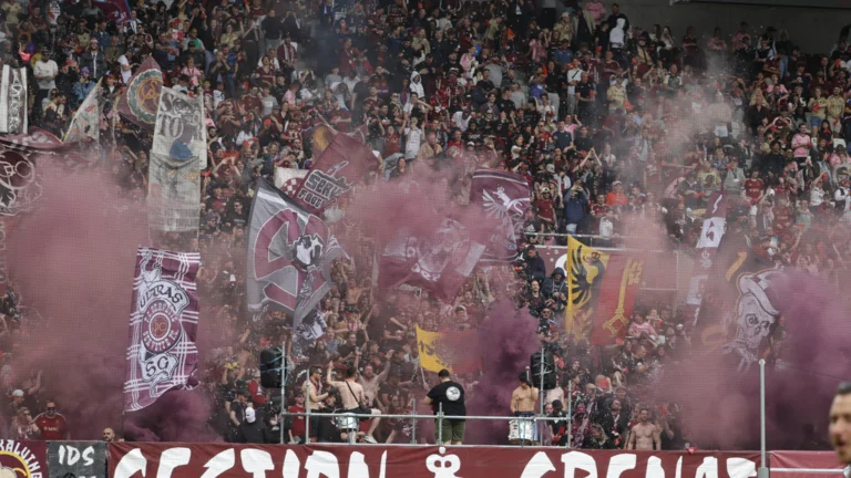Crowd of fans in a stadium with purple smoke and waving flags.
