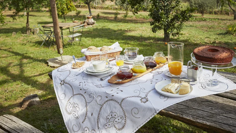 Breakfast table with pastries, jam, juice, and cake set outdoors in a garden.