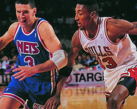 Croatian star Dražen Petrović, on the court with Scottie Pippen.
