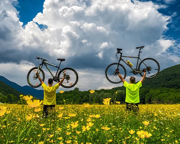 flowers fields by bike, surrounded by natural beauty.