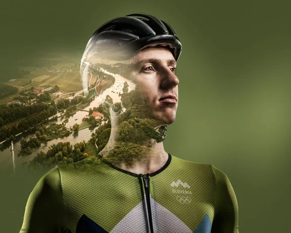 Slovenian Cyclist Tadej Pogacar and Otocec in the background