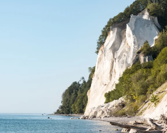 A clear blue sky with the sea and a cliff with green vegetation.