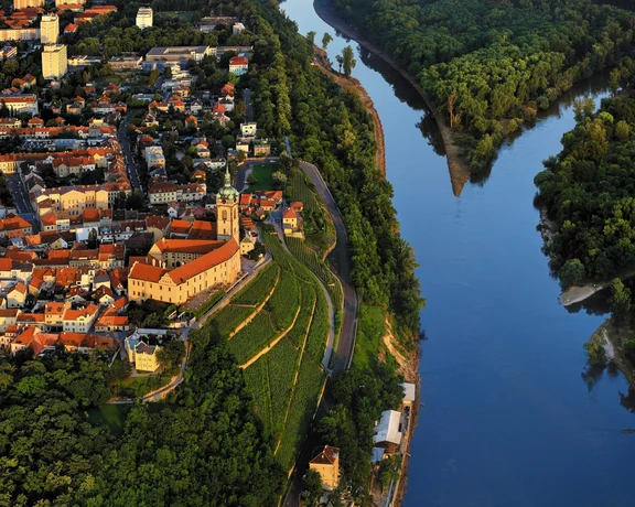 Aerial view of a two rivers, Vltava and Elbe rivers, beside Mělník in Czechia, with vineyards and forested areas at sunset.