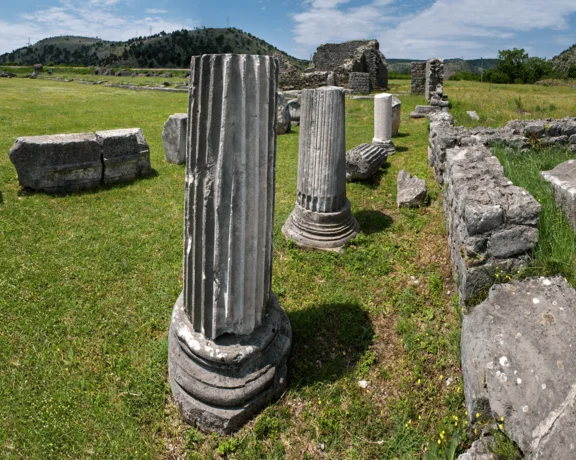 Ancient Roman columns and ruins scattered in a grassy open area, set against a hilly landscape.
