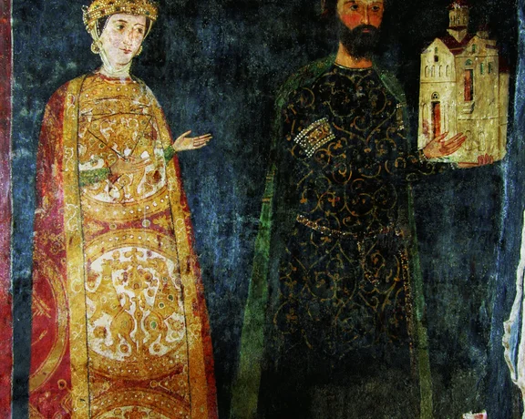 Medieval fresco depicting Tsar Kaloyan and Desislava in richly adorned robes inside Boyana Church.