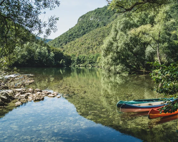Colourful canoes resting by the clear, tranquil Kolpa River, Slovenia, framed by trees and rocky shores.