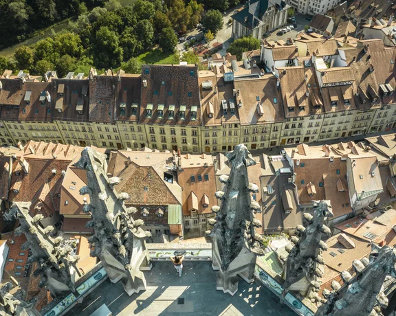 Aerial view of Saint-Nicolas Cathedral in Fribourg Switzerland