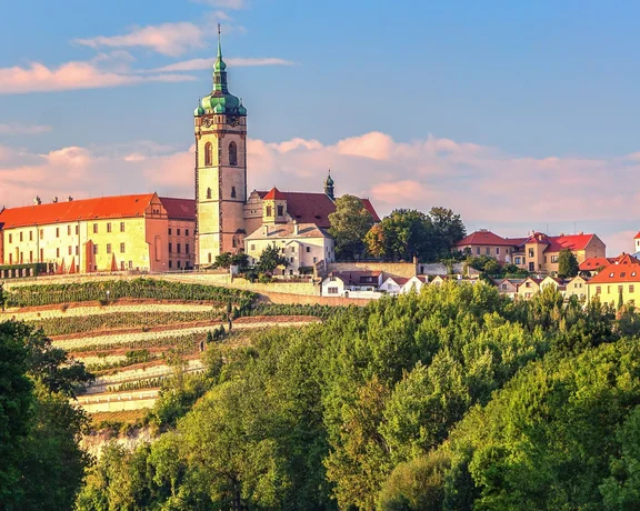 Aerial view of Mělník Castle and vineyards above the Elbe River, Central Bohemia.