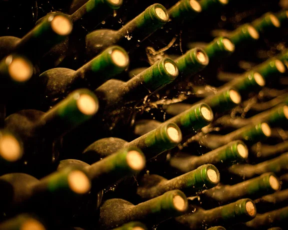 Close-up of dusty wine bottles arranged in a wine cellar, showcasing green necks and subtle cobwebs in low light.