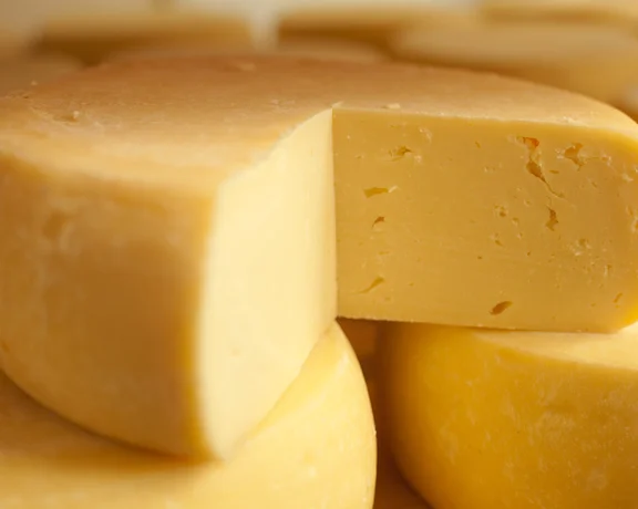 Traditional Serbian kachkavalj cheese wheel with a wedge cut out, showing its pale yellow texture.