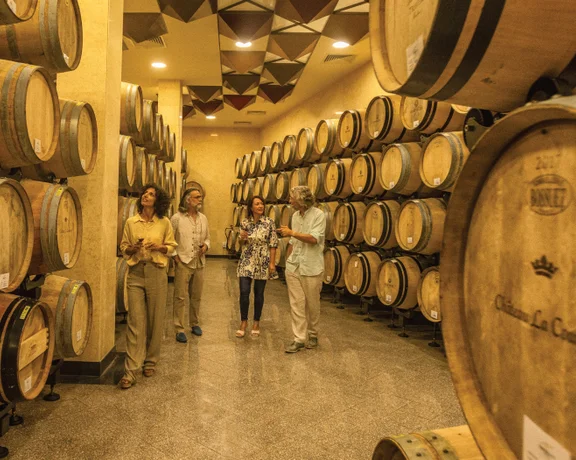 A man guiding visitors through a Cypriot winery, surrounded by wine barrels and local vintages.