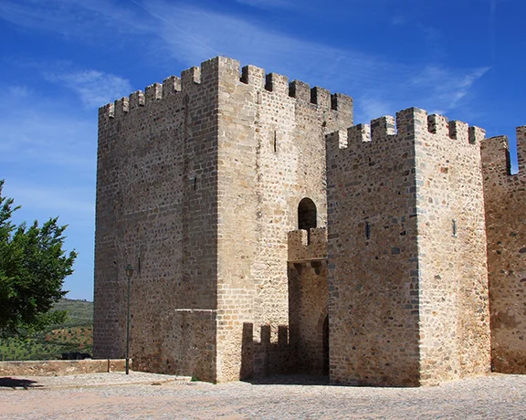Elvas Castle made of bricks, partially visible under a blue sky, with a single tree on the left side.