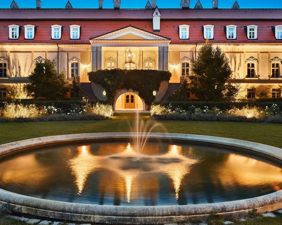 Illuminated manor with garden fountain at dusk.