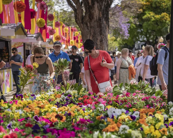People browsing colorful flowers at an outdoor market on a sunny day.