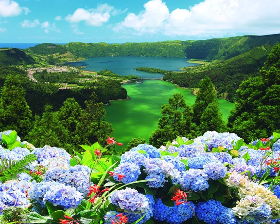 View over Sete Cidades lakes on São Miguel Island, Azores, Portugal, with blue and green crater lakes surrounded by lush hills and hydrangeas.