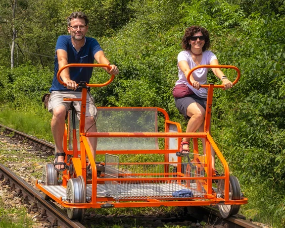 Two people riding a rail bike on a sunny day through green, wooded surroundings.