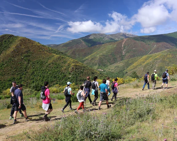 Group of hikers walking along a mountain trail under a blue sky with scattered clouds.