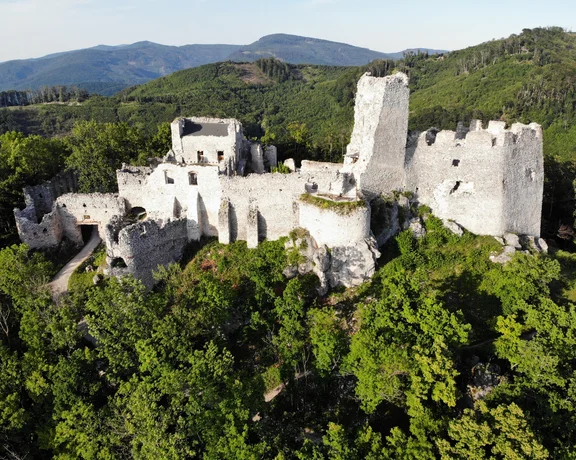 Ruined stone castle atop a forested hill, surrounded by green trees and distant mountains.