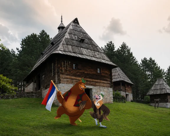 Cartoon bear holding a Serbian flag next to a cartoon man on grass before wooden houses.