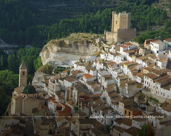Town with white buildings clustered on a hillside below a stone castle, surrounded by green forest.