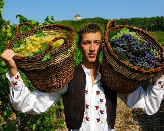 Young man in traditional shirt holding baskets of green and purple grapes in a vineyard.