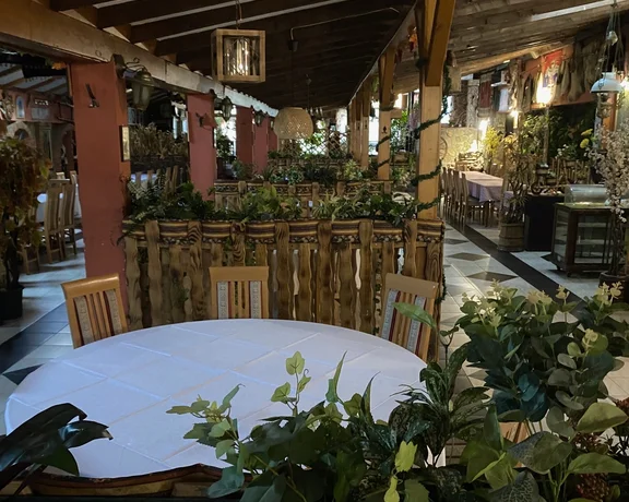 Cozy restaurant interior with wooden furniture, plants, and soft lighting.