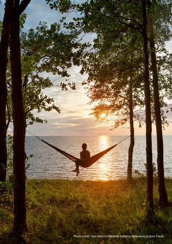 Person relaxing in a hammock by a lake at sunset, surrounded by trees.