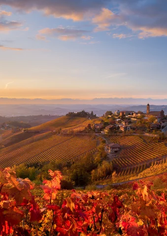 Rolling hills with autumn vineyards and a village at sunset under a colorful sky.