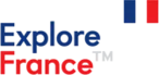Explore France logo with blue and red text and a small French flag.