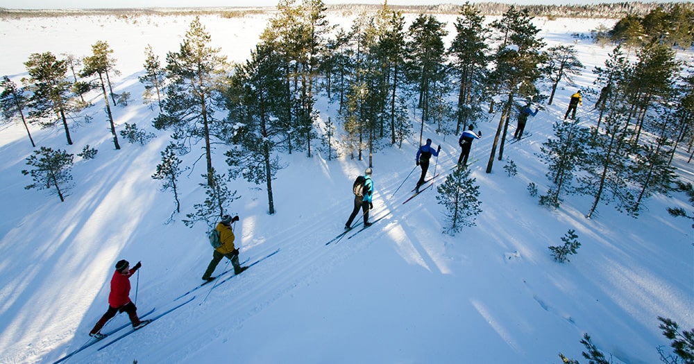Try out one of the most famous Finnish winter sports and glide through the Finnish winter wonderland on cross-country skis! 