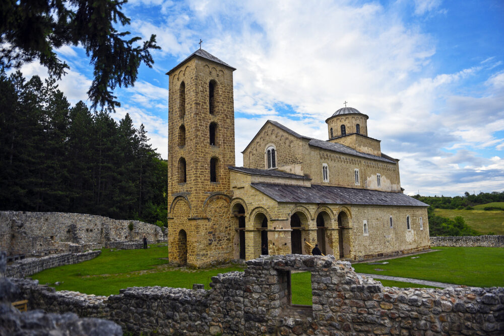 Sopoćani Monastery surrounded by stone walls in Serbia