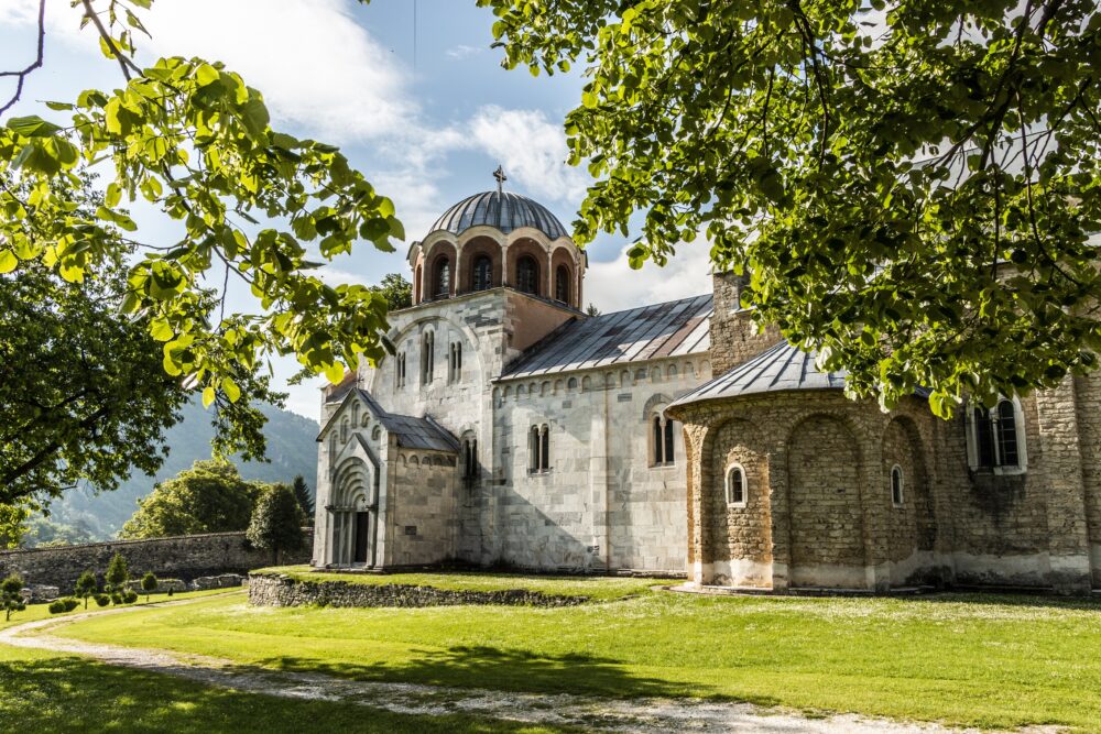 Studenica Monastery surrounded by greenery in Serbia