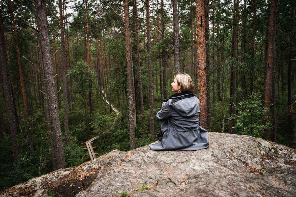A person sits on a large rock, overlooking a dense green forest with tall trees and a winding path in the background.