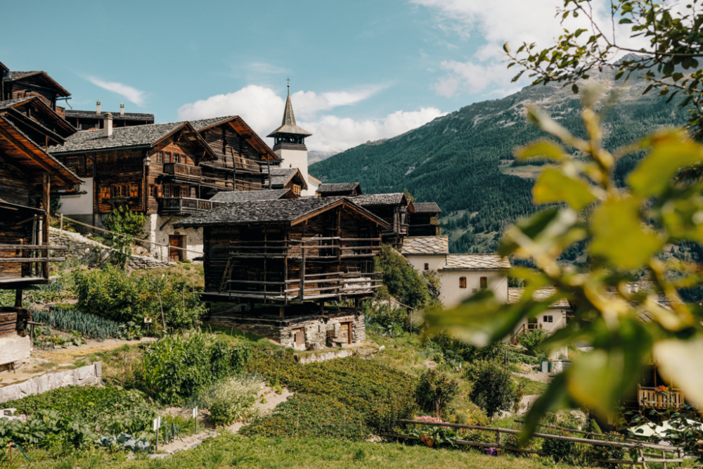View of the traditional wooden houses in Grimentz, a Val d’Anniviers village, surrounded by green mountains and sunny day.