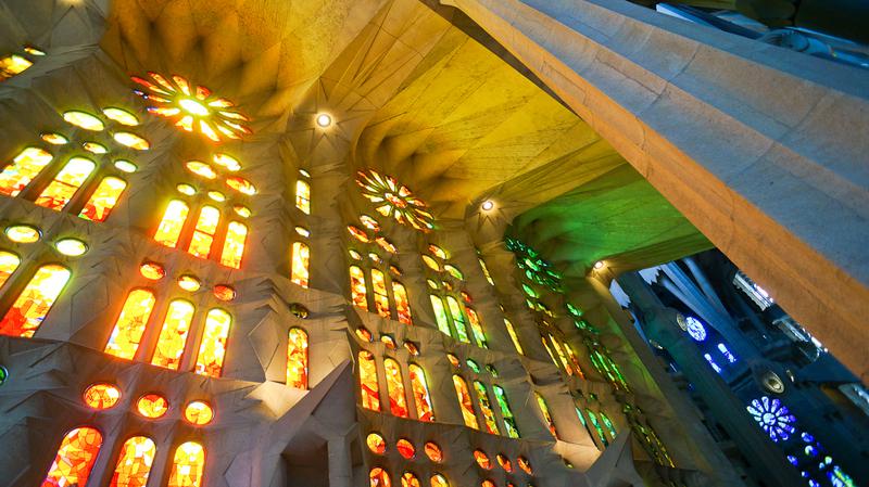 La Sagrada Familia in Barcelona has beautiful stained glass windows, Along With other unique features.