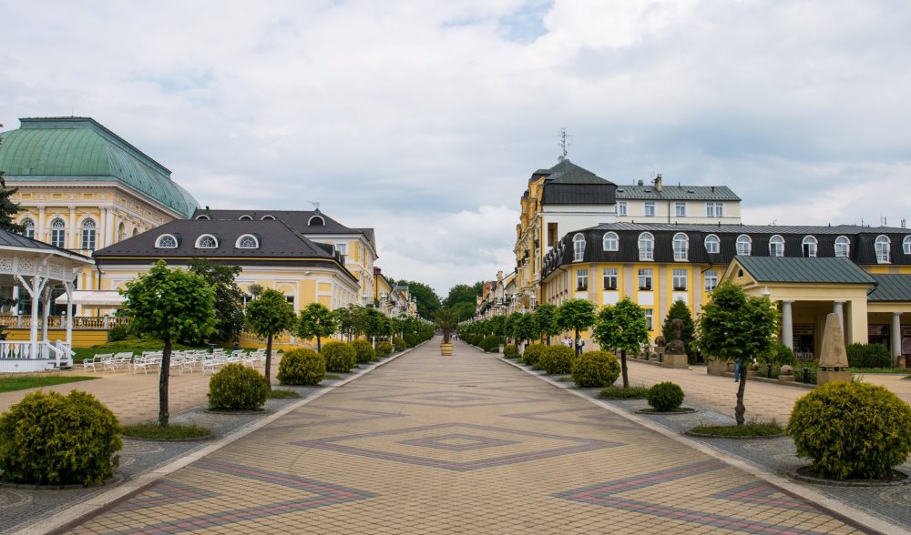 Vue sur la promenade de Františkovy Lázně, avec les thermes des deux côtés.