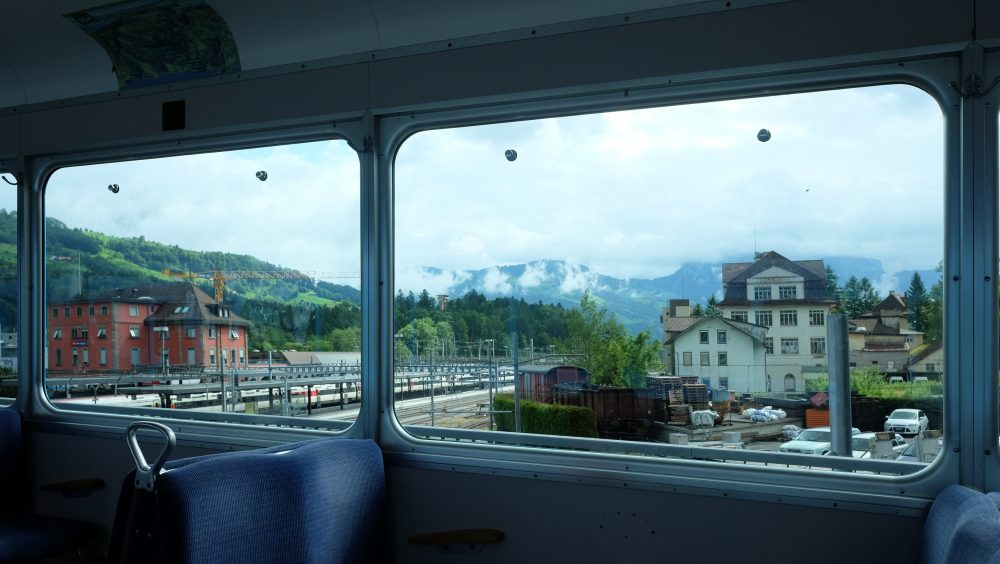 View from a window in a train in Switzerland.